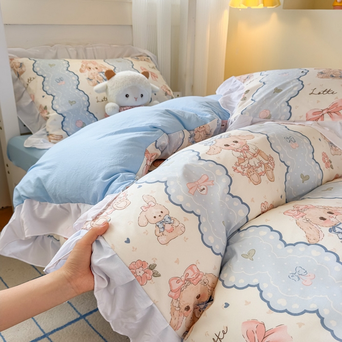 91家纺网 家纺一手货源 找家纺 海岛哥哥 2025新款开学季云柔棉韩式ins减龄花边款卡通四件套-学生款花边款系列（可提供买家秀） 花边款-蓝色蕾丝兔