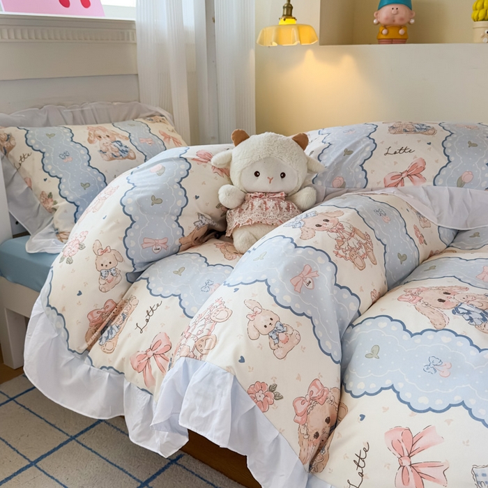 91家纺网 家纺一手货源 找家纺 海岛哥哥 2025新款开学季云柔棉韩式ins减龄花边款卡通四件套-学生款花边款系列（可提供买家秀） 花边款-蓝色蕾丝兔