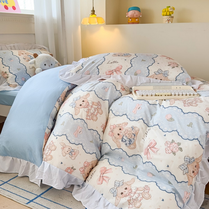 91家纺网 家纺一手货源 找家纺 海岛哥哥 2025新款开学季云柔棉韩式ins减龄花边款卡通四件套-学生款花边款系列（可提供买家秀） 花边款-蓝色蕾丝兔