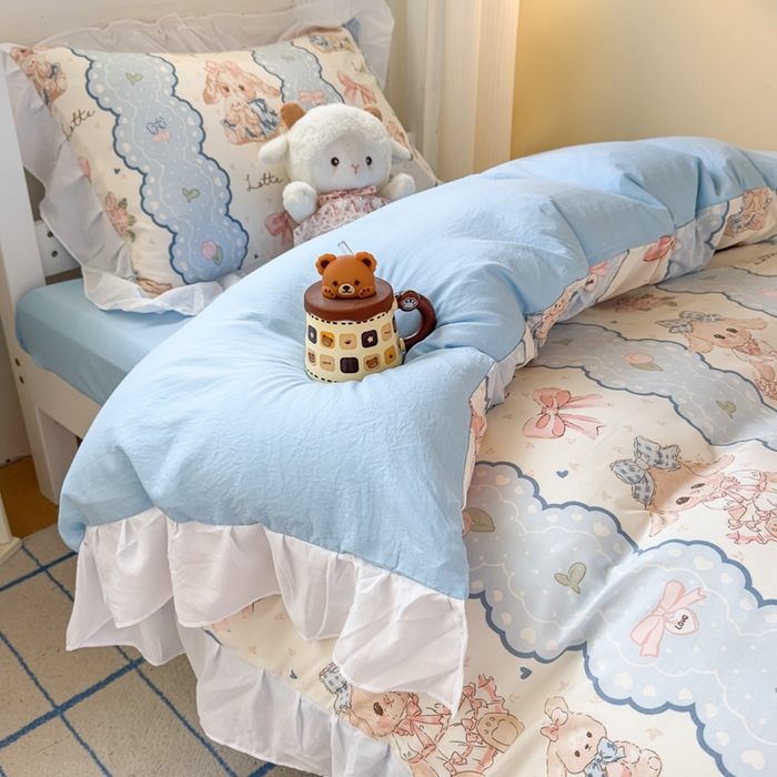 91家纺网 家纺一手货源 找家纺 海岛哥哥 2025新款开学季云柔棉韩式ins减龄花边款卡通四件套-学生款花边款系列（可提供买家秀） 花边款-蓝色蕾丝兔