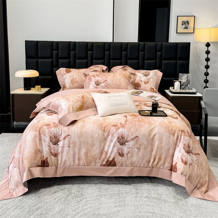 绒棉世家 2025新款80S贡缎长绒棉拼角工艺数码印花四件套 花色依人-粉