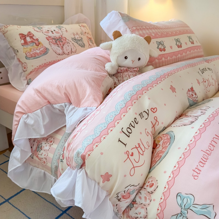 91家纺网 家纺一手货源 找家纺 海岛哥哥 2025新款开学季云柔棉韩式ins减龄花边款卡通四件套-学生款花边款系列（可提供买家秀） 花边款-甜品可爱狗