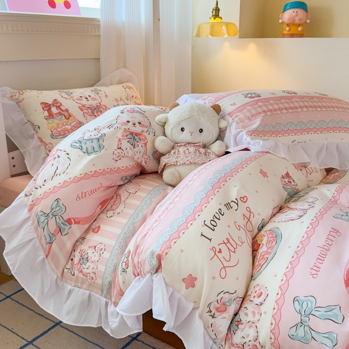 91家纺网 家纺一手货源 找家纺 海岛哥哥 2025新款开学季云柔棉韩式ins减龄花边款卡通四件套-学生款花边款系列（可提供买家秀） 花边款-甜品可爱狗