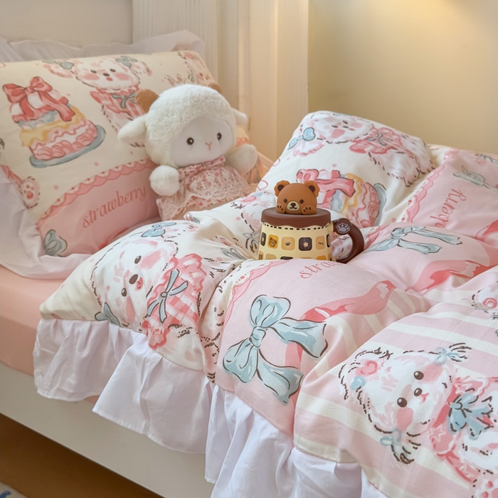 91家纺网 家纺一手货源 找家纺 海岛哥哥 2025新款开学季云柔棉韩式ins减龄花边款卡通四件套-学生款花边款系列（可提供买家秀） 花边款-甜品可爱狗