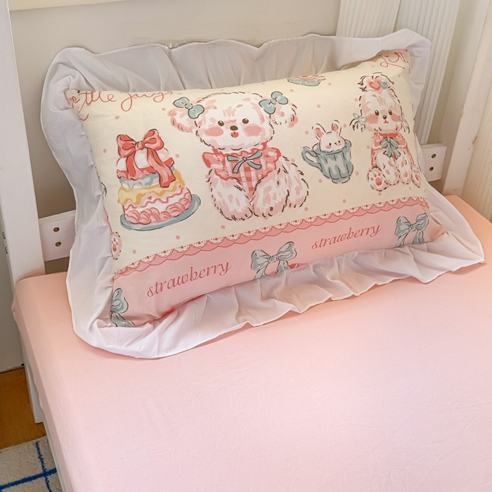 91家纺网 家纺一手货源 找家纺 海岛哥哥 2025新款开学季云柔棉韩式ins减龄花边款卡通四件套-学生款花边款系列（可提供买家秀） 花边款-甜品可爱狗