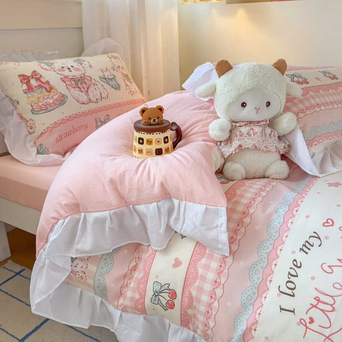 91家纺网 家纺一手货源 找家纺 海岛哥哥 2025新款开学季云柔棉韩式ins减龄花边款卡通四件套-学生款花边款系列（可提供买家秀） 花边款-甜品可爱狗