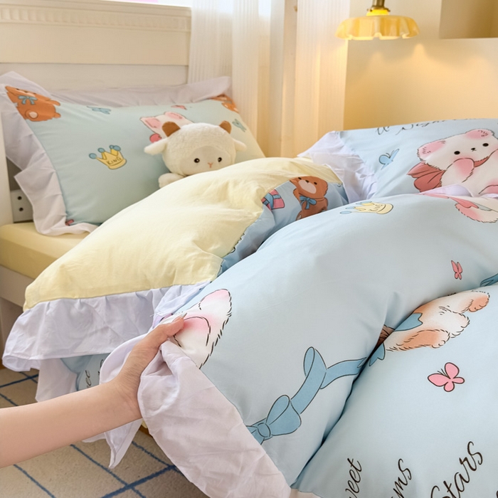 91家纺网 家纺一手货源 找家纺 海岛哥哥 2025新款开学季云柔棉韩式ins减龄花边款卡通四件套-学生款花边款系列（可提供买家秀） 花边款-童话梦