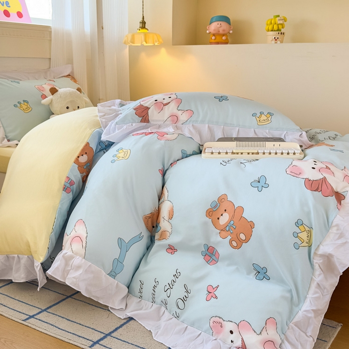 91家纺网 家纺一手货源 找家纺 海岛哥哥 2025新款开学季云柔棉韩式ins减龄花边款卡通四件套-学生款花边款系列（可提供买家秀） 花边款-童话梦