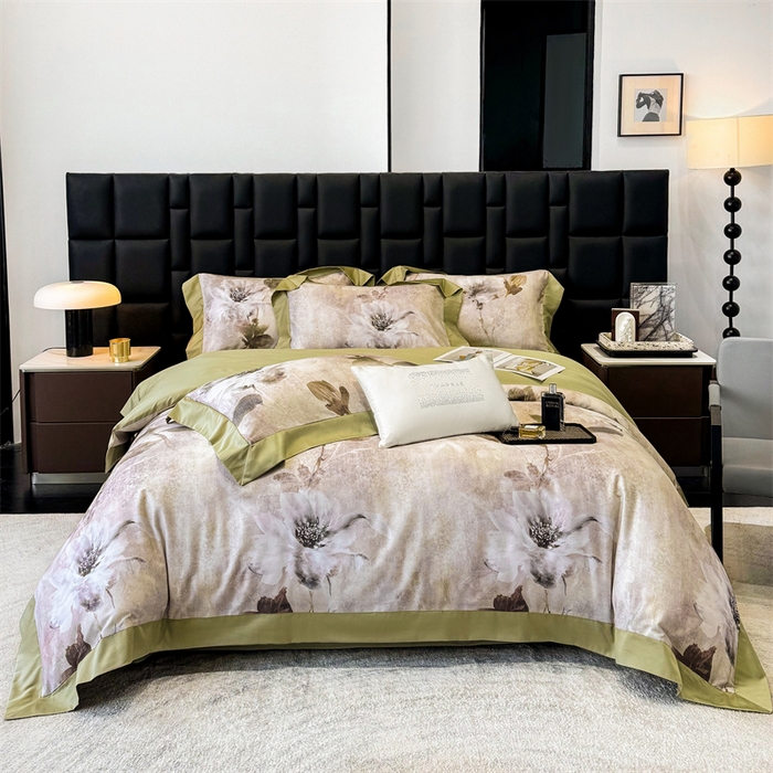 绒棉世家 2025新款80S贡缎长绒棉拼角工艺数码印花四件套 花色依人-緑