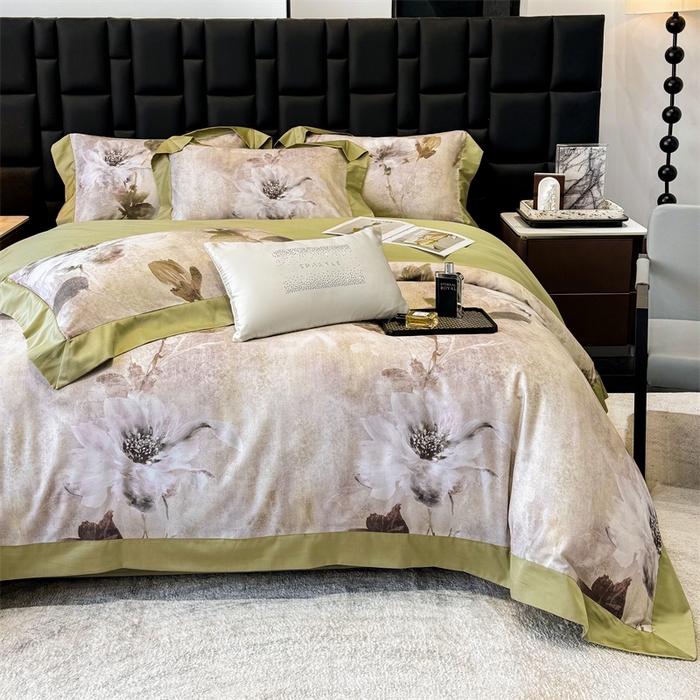 91家纺网 家纺一手货源 找家纺 绒棉世家 2025新款80S贡缎长绒棉拼角工艺数码印花四件套 花色依人-緑