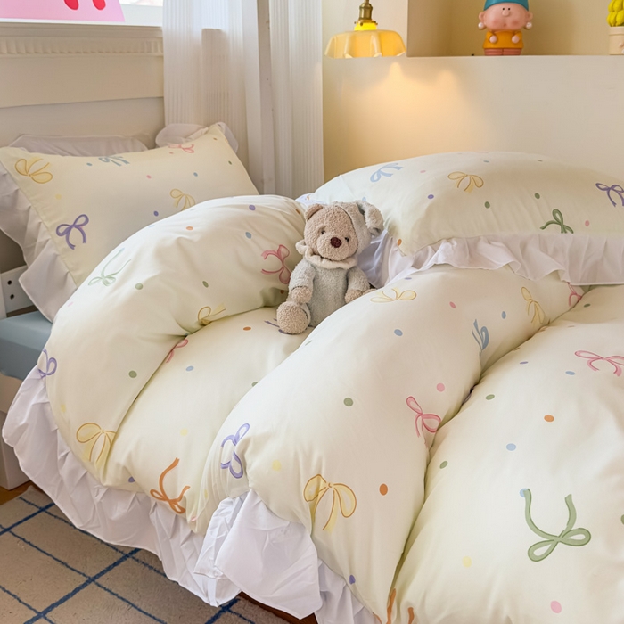 91家纺网 家纺一手货源 找家纺 海岛哥哥 2025新款开学季云柔棉韩式ins减龄花边款卡通四件套-学生款花边款系列（可提供买家秀） 花边款-五彩蝴蝶结