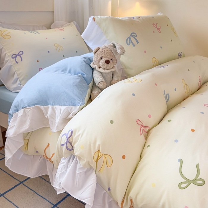 91家纺网 家纺一手货源 找家纺 海岛哥哥 2025新款开学季云柔棉韩式ins减龄花边款卡通四件套-学生款花边款系列（可提供买家秀） 花边款-五彩蝴蝶结