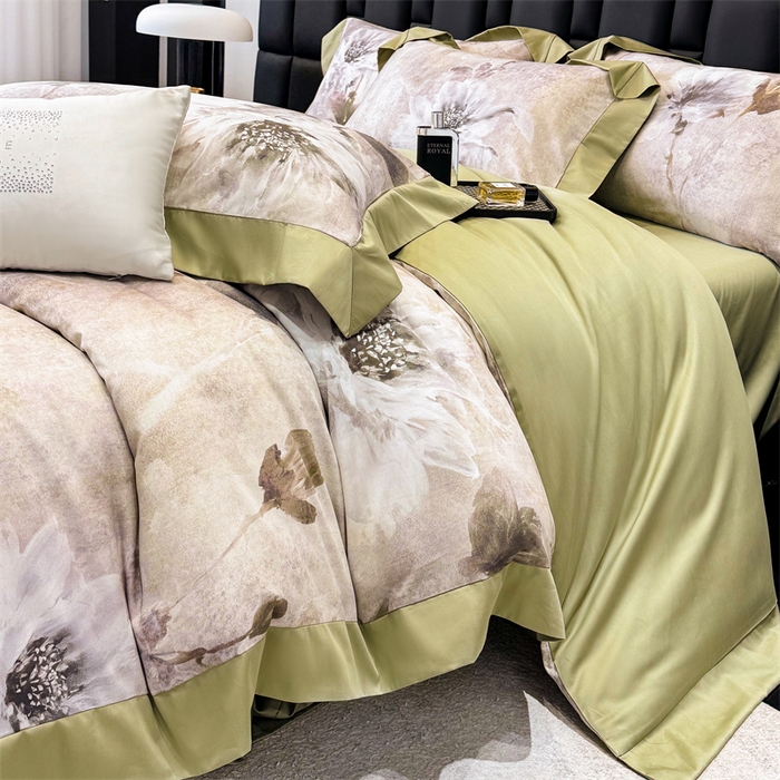 91家纺网 家纺一手货源 找家纺 绒棉世家 2025新款80S贡缎长绒棉拼角工艺数码印花四件套 花色依人-緑