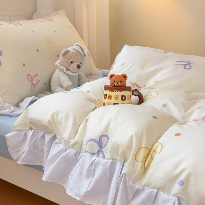 91家纺网 家纺一手货源 找家纺 海岛哥哥 2025新款开学季云柔棉韩式ins减龄花边款卡通四件套-学生款花边款系列（可提供买家秀） 花边款-五彩蝴蝶结