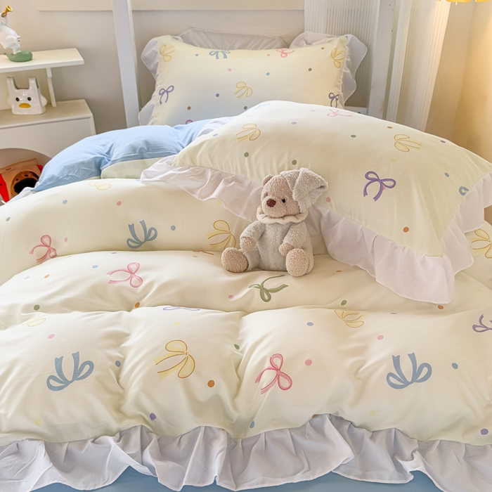 91家纺网 家纺一手货源 找家纺 海岛哥哥 2025新款开学季云柔棉韩式ins减龄花边款卡通四件套-学生款花边款系列（可提供买家秀） 花边款-五彩蝴蝶结