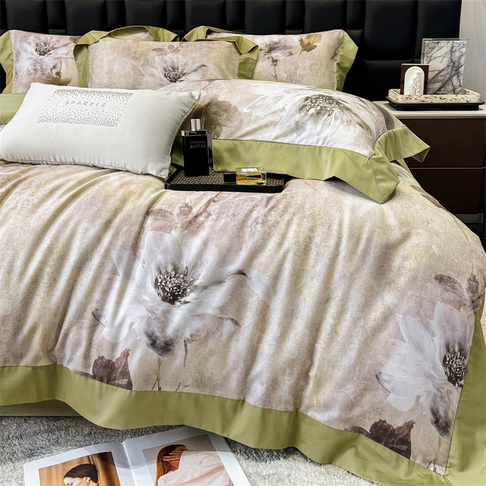 91家纺网 家纺一手货源 找家纺 绒棉世家 2025新款80S贡缎长绒棉拼角工艺数码印花四件套 花色依人-緑