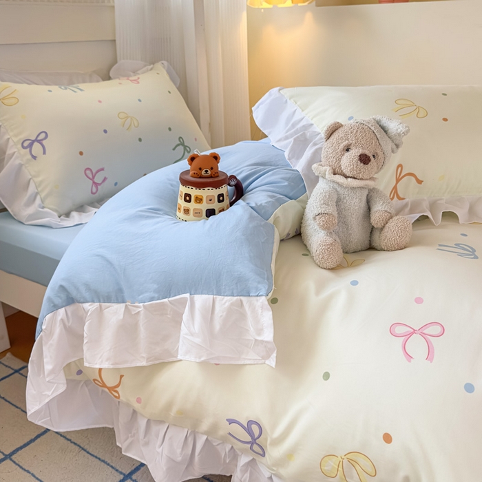 91家纺网 家纺一手货源 找家纺 海岛哥哥 2025新款开学季云柔棉韩式ins减龄花边款卡通四件套-学生款花边款系列（可提供买家秀） 花边款-五彩蝴蝶结