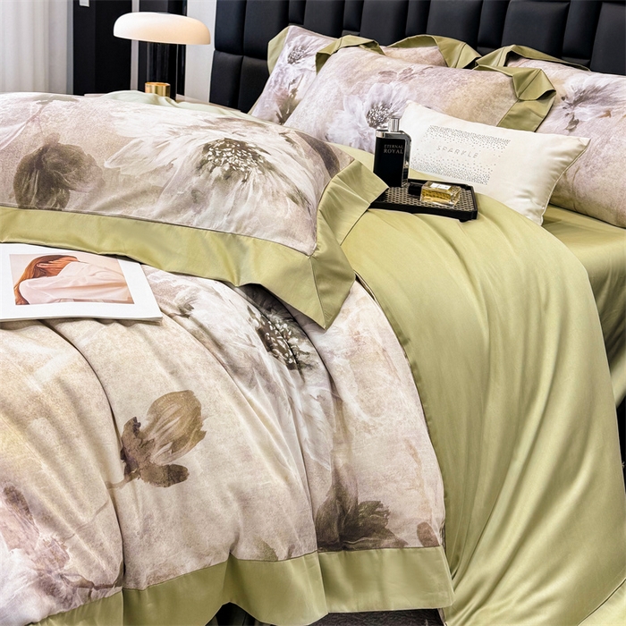 91家纺网 家纺一手货源 找家纺 绒棉世家 2025新款80S贡缎长绒棉拼角工艺数码印花四件套 花色依人-緑