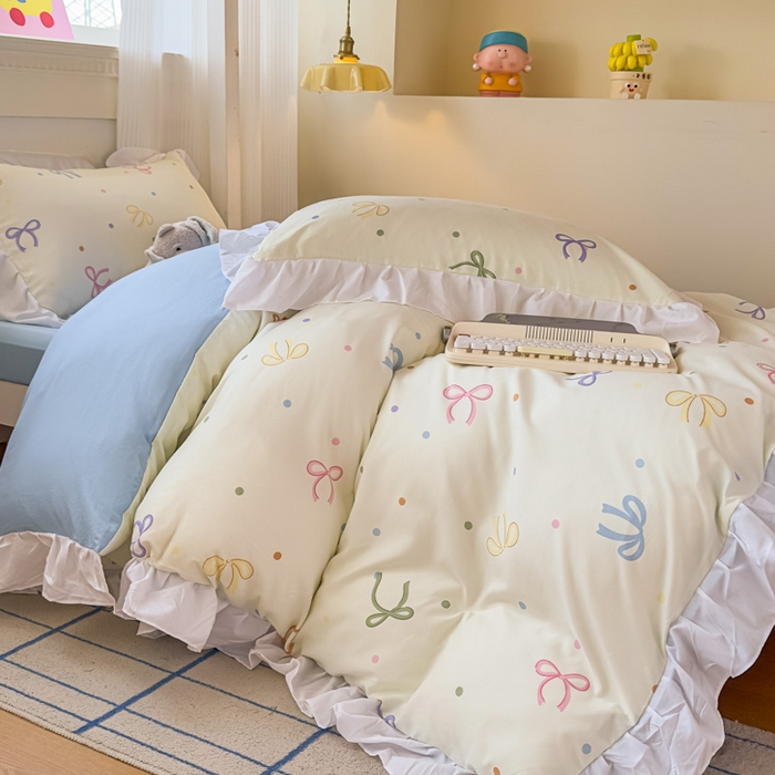 91家纺网 家纺一手货源 找家纺 海岛哥哥 2025新款开学季云柔棉韩式ins减龄花边款卡通四件套-学生款花边款系列（可提供买家秀） 花边款-五彩蝴蝶结