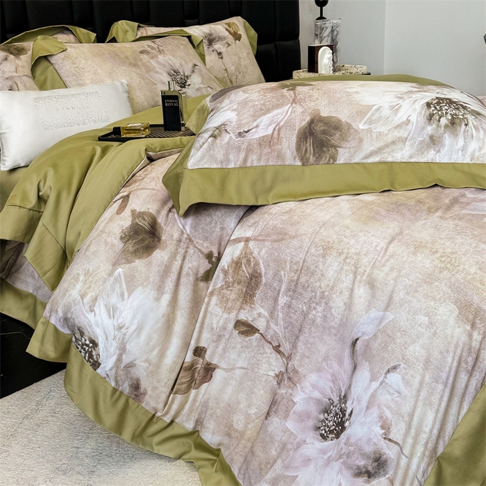 91家纺网 家纺一手货源 找家纺 绒棉世家 2025新款80S贡缎长绒棉拼角工艺数码印花四件套 花色依人-緑