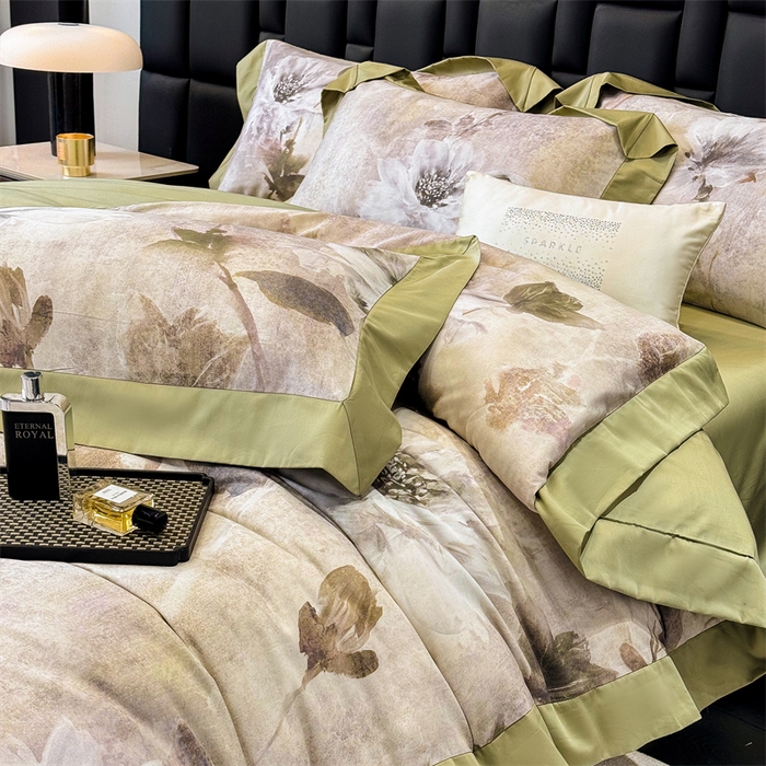 91家纺网 家纺一手货源 找家纺 绒棉世家 2025新款80S贡缎长绒棉拼角工艺数码印花四件套 花色依人-緑