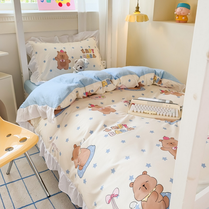 91家纺网 家纺一手货源 找家纺 海岛哥哥 2025新款开学季云柔棉韩式ins减龄花边款卡通四件套-学生款花边款系列（可提供买家秀） 花边款-星星卡皮巴拉