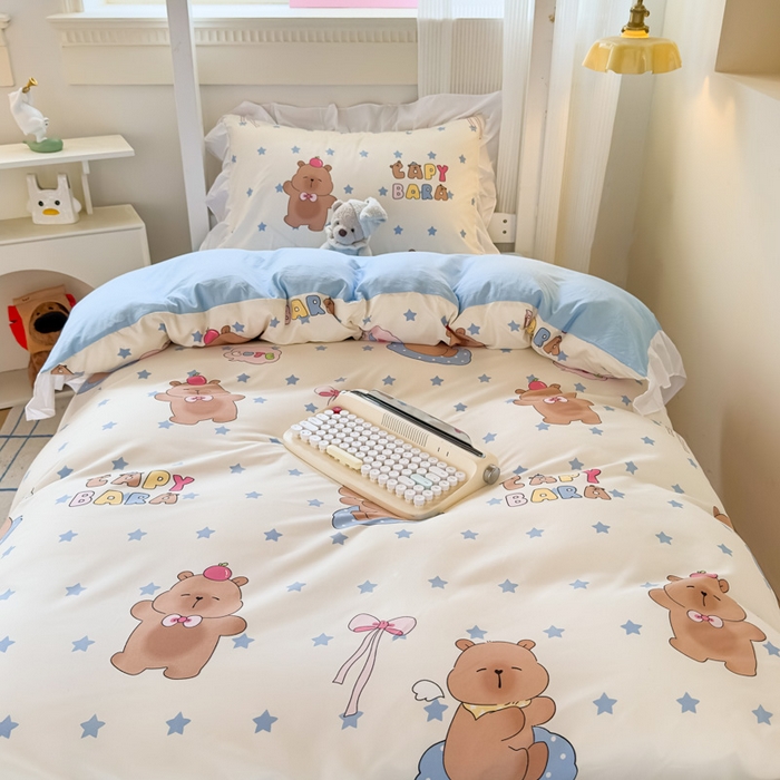 91家纺网 家纺一手货源 找家纺 海岛哥哥 2025新款开学季云柔棉韩式ins减龄花边款卡通四件套-学生款花边款系列（可提供买家秀） 花边款-星星卡皮巴拉