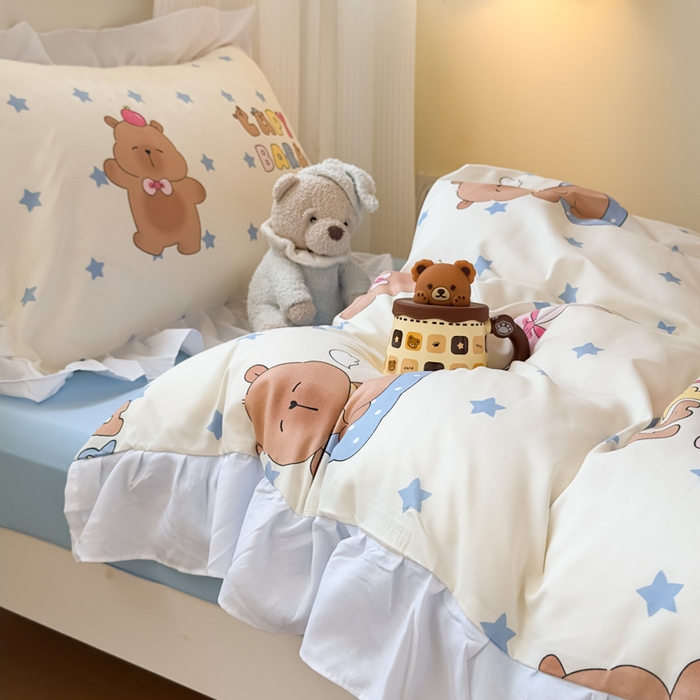 91家纺网 家纺一手货源 找家纺 海岛哥哥 2025新款开学季云柔棉韩式ins减龄花边款卡通四件套-学生款花边款系列（可提供买家秀） 花边款-星星卡皮巴拉