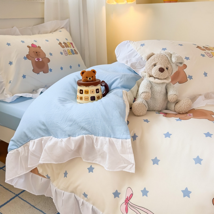 91家纺网 家纺一手货源 找家纺 海岛哥哥 2025新款开学季云柔棉韩式ins减龄花边款卡通四件套-学生款花边款系列（可提供买家秀） 花边款-星星卡皮巴拉