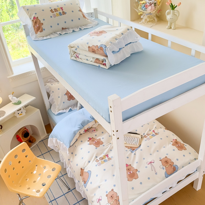 91家纺网 家纺一手货源 找家纺 海岛哥哥 2025新款开学季云柔棉韩式ins减龄花边款卡通四件套-学生款花边款系列（可提供买家秀） 花边款-星星卡皮巴拉