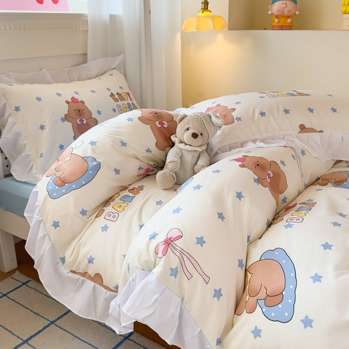 91家纺网 家纺一手货源 找家纺 海岛哥哥 2025新款开学季云柔棉韩式ins减龄花边款卡通四件套-学生款花边款系列（可提供买家秀） 花边款-星星卡皮巴拉