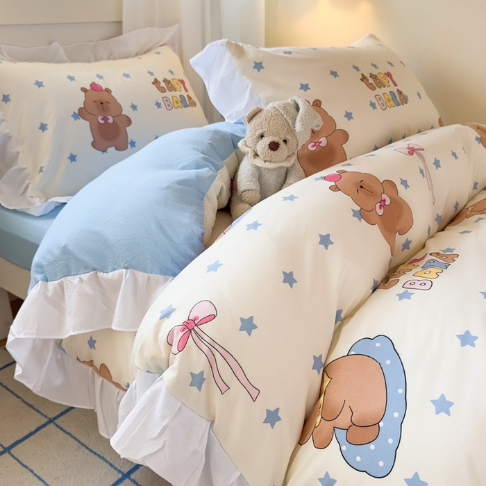 91家纺网 家纺一手货源 找家纺 海岛哥哥 2025新款开学季云柔棉韩式ins减龄花边款卡通四件套-学生款花边款系列（可提供买家秀） 花边款-星星卡皮巴拉