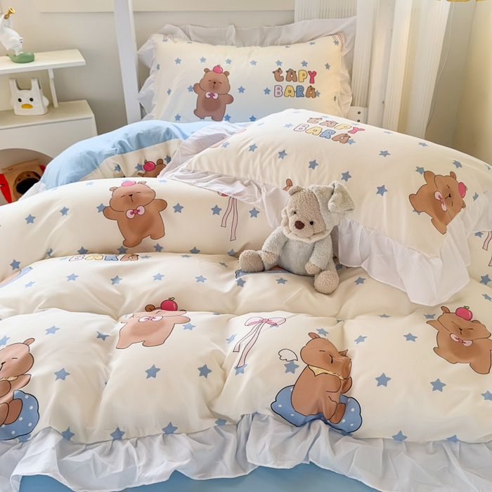 91家纺网 家纺一手货源 找家纺 海岛哥哥 2025新款开学季云柔棉韩式ins减龄花边款卡通四件套-学生款花边款系列（可提供买家秀） 花边款-星星卡皮巴拉