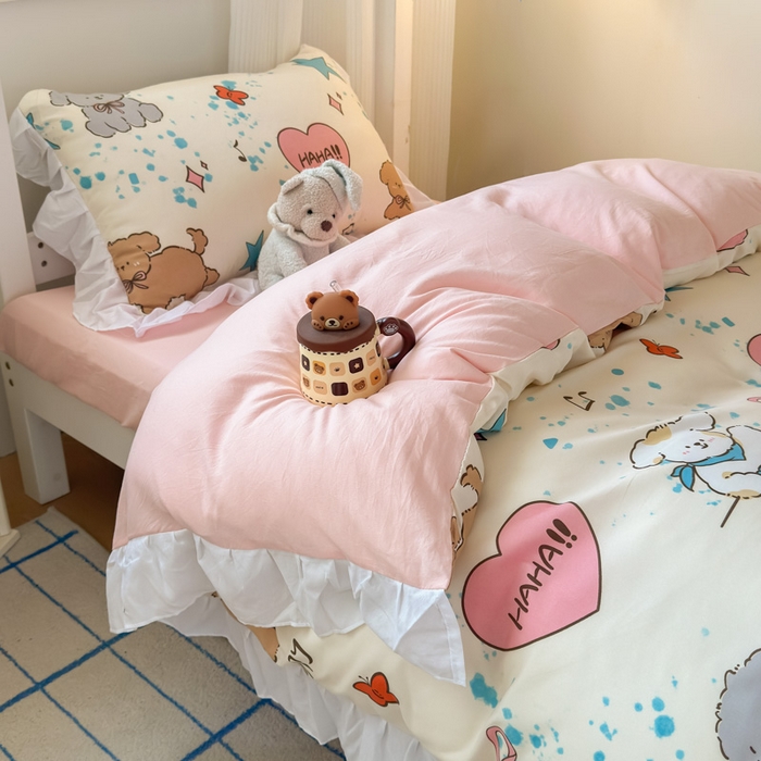 91家纺网 家纺一手货源 找家纺 海岛哥哥 2025新款开学季云柔棉韩式ins减龄花边款卡通四件套-学生款花边款系列（可提供买家秀） 花边款-元气小狗