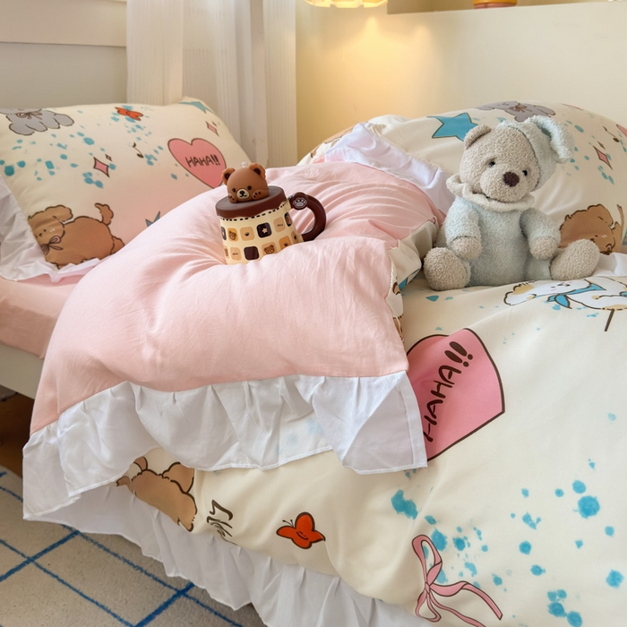 91家纺网 家纺一手货源 找家纺 海岛哥哥 2025新款开学季云柔棉韩式ins减龄花边款卡通四件套-学生款花边款系列（可提供买家秀） 花边款-元气小狗