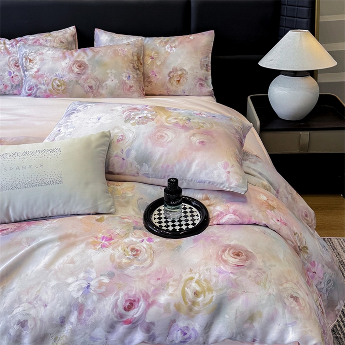 91家纺网 家纺一手货源 找家纺 绒棉世家 2025新款60贡缎数码印花长绒棉全棉四件套 凡花