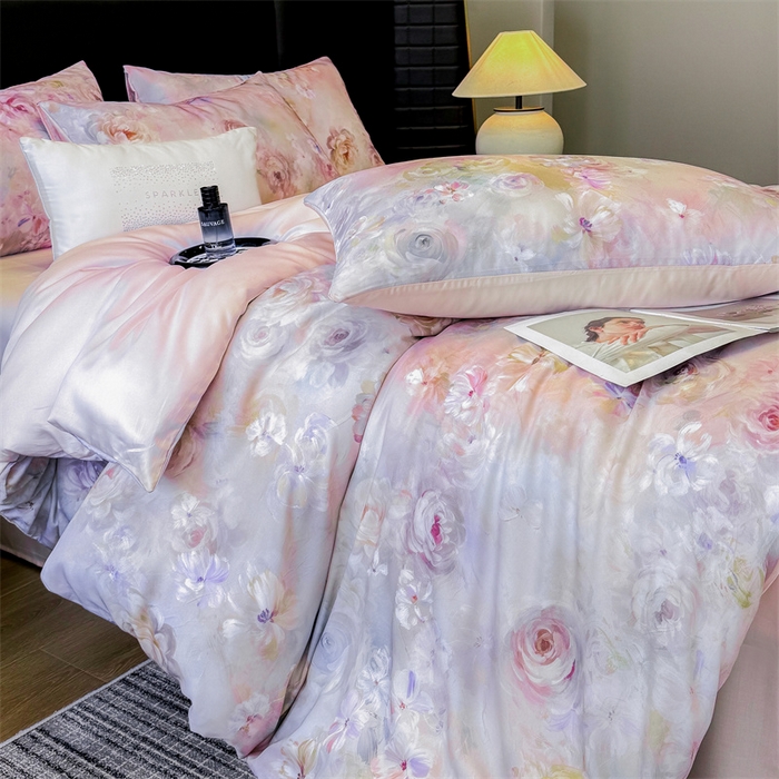 91家纺网 家纺一手货源 找家纺 绒棉世家 2025新款60贡缎数码印花长绒棉全棉四件套 凡花