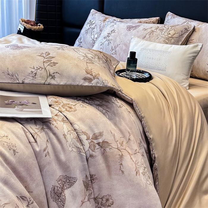 91家纺网 家纺一手货源 找家纺 绒棉世家 2025新款60贡缎数码印花长绒棉全棉四件套 秀花