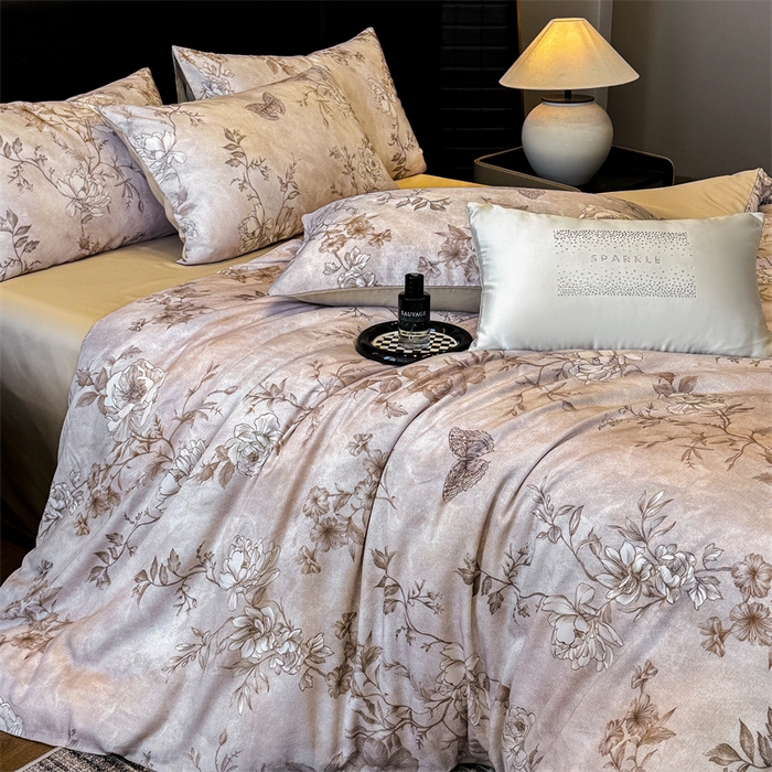 91家纺网 家纺一手货源 找家纺 绒棉世家 2025新款60贡缎数码印花长绒棉全棉四件套 秀花