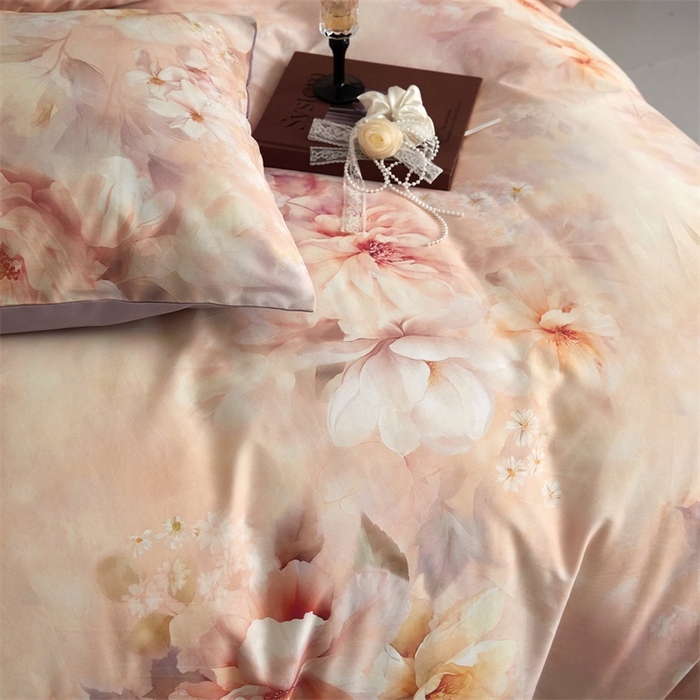 91家纺网 家纺一手货源 找家纺 绒棉世家 2025新款60贡缎数码印花长绒棉全棉四件套 繁花紫