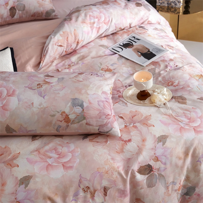 91家纺网 家纺一手货源 找家纺 绒棉世家 2025新款60贡缎数码印花长绒棉全棉四件套 花开半夏