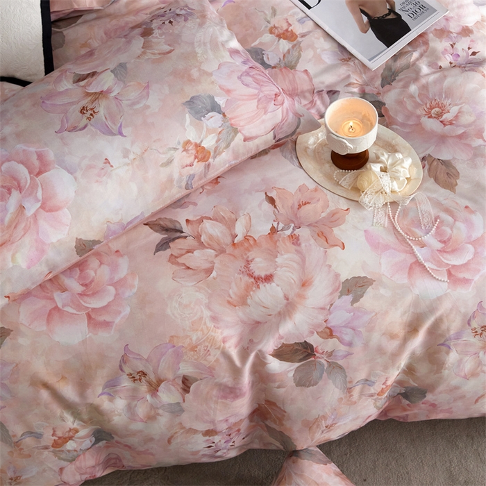 91家纺网 家纺一手货源 找家纺 绒棉世家 2025新款60贡缎数码印花长绒棉全棉四件套 花开半夏