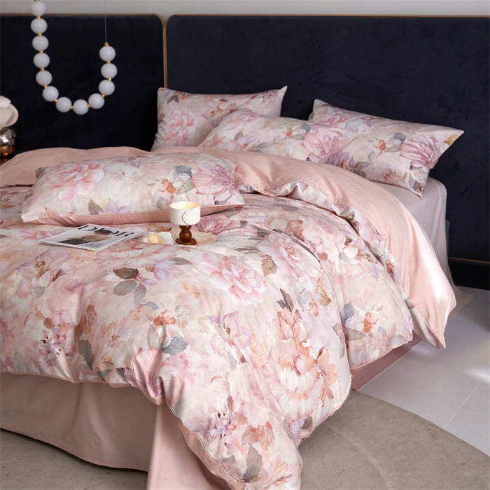 91家纺网 家纺一手货源 找家纺 绒棉世家 2025新款60贡缎数码印花长绒棉全棉四件套 花开半夏