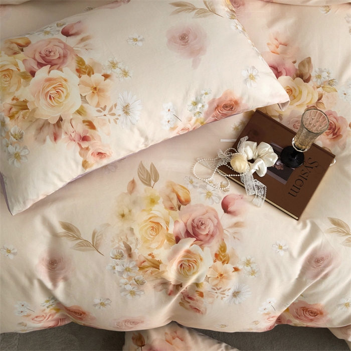 91家纺网 家纺一手货源 找家纺 绒棉世家 2025新款60贡缎数码印花长绒棉全棉四件套 蔷薇紫