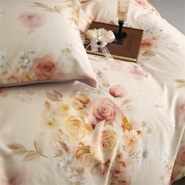 91家纺网 家纺一手货源 找家纺 绒棉世家 2025新款60贡缎数码印花长绒棉全棉四件套 蔷薇紫