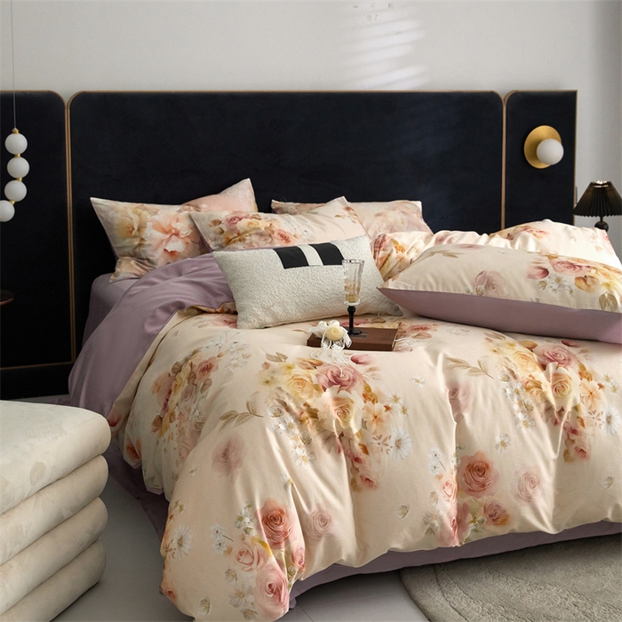 91家纺网 家纺一手货源 找家纺 绒棉世家 2025新款60贡缎数码印花长绒棉全棉四件套 蔷薇紫