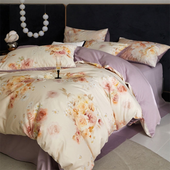 91家纺网 家纺一手货源 找家纺 绒棉世家 2025新款60贡缎数码印花长绒棉全棉四件套 蔷薇紫