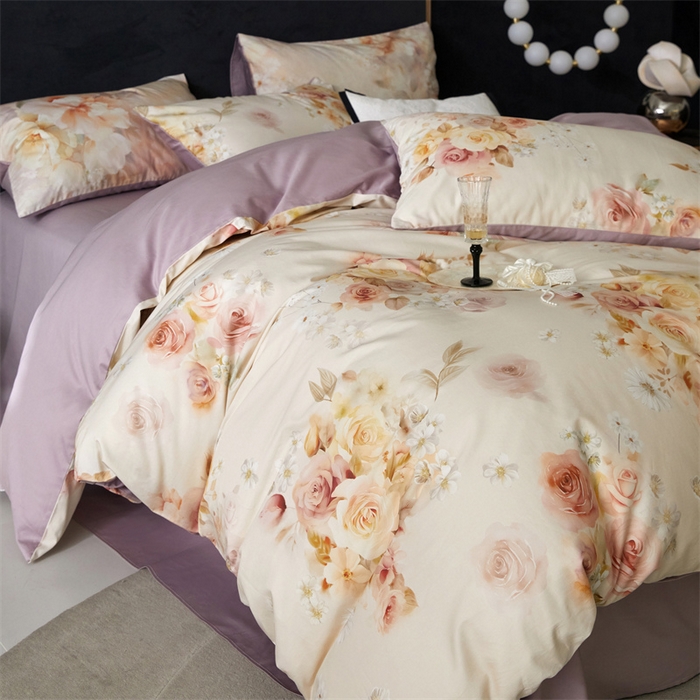 91家纺网 家纺一手货源 找家纺 绒棉世家 2025新款60贡缎数码印花长绒棉全棉四件套 蔷薇紫