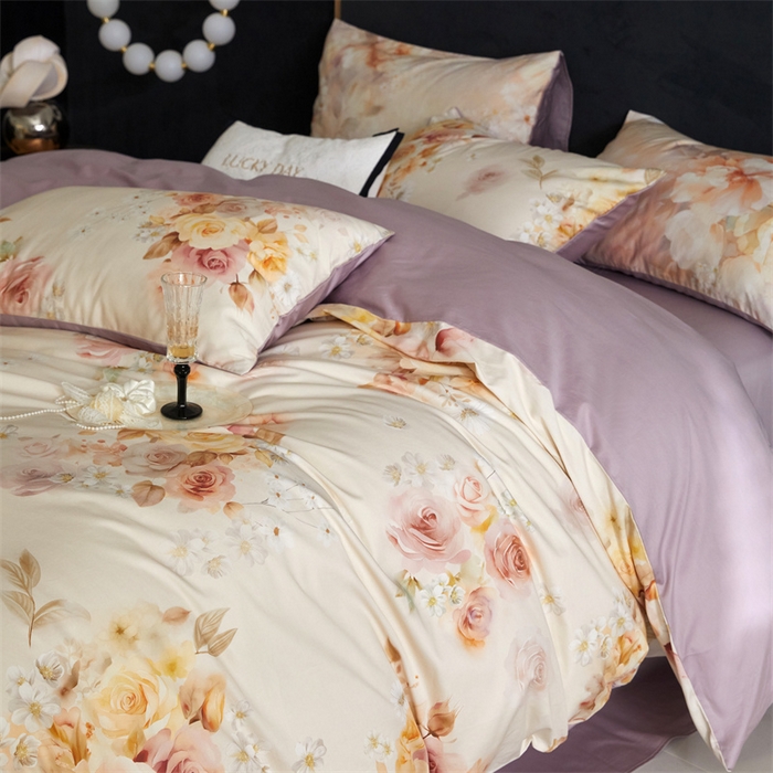 91家纺网 家纺一手货源 找家纺 绒棉世家 2025新款60贡缎数码印花长绒棉全棉四件套 蔷薇紫