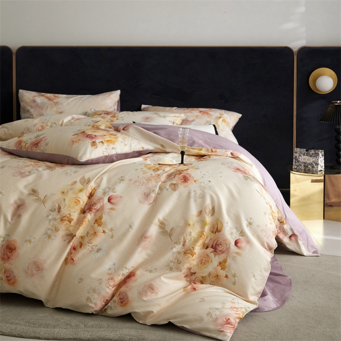 91家纺网 家纺一手货源 找家纺 绒棉世家 2025新款60贡缎数码印花长绒棉全棉四件套 蔷薇紫